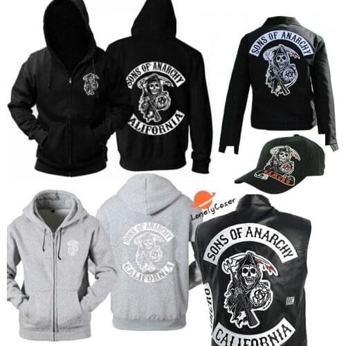 TV Sons of Anarchy Cosplay Costume Warm Zipper Hoodie Sweater Black Gray Jacket Leather Vest Hat Sweatshirts Hoodie Unisex