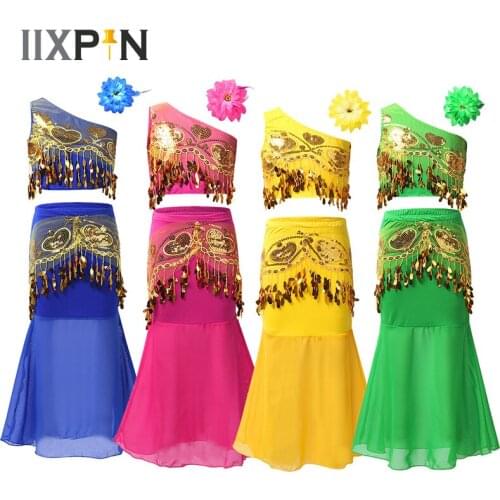 Chinese Dai Dance Belly Dance Costume For Girls Sleeveless One Shoulder Sequin Tassel Crop Top with Fishtail Skirt Hair Clip Set