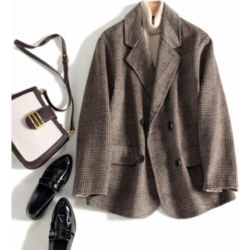 Spring Autumn Women All-match Loose Japanese Style Brief Plaid Comfortable Warm Thick Woolen Jackets