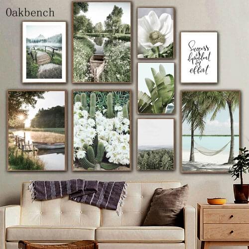 Green Plant Painting Leaf Cactus Canvas Poster Boat Lake Art Print Sunset Posters Nordic Landscape Bedroom Decoration Paintings