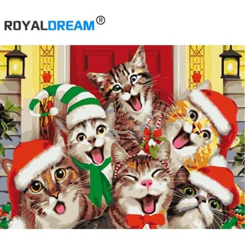 ROYALDREAM Six Christmas Cats DIY Painting By Numbers Kit Paint On Canvas Painting Calligraphy For Home Décor