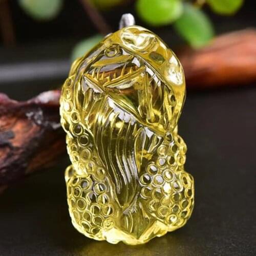 Genuine Natural Yellow Citrine Quartz Pi Xiu Carved Pendant 38x20mm Brazil Women Jewelry Clear Citrine Beads Necklace AAAAA