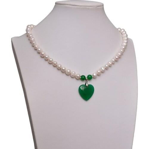 Natural Pearls 8-9mm With Green Heart Shape Pendant 24x24x6mm Handmade Diy White Pearls Necklace 18inch Women Gifts H591