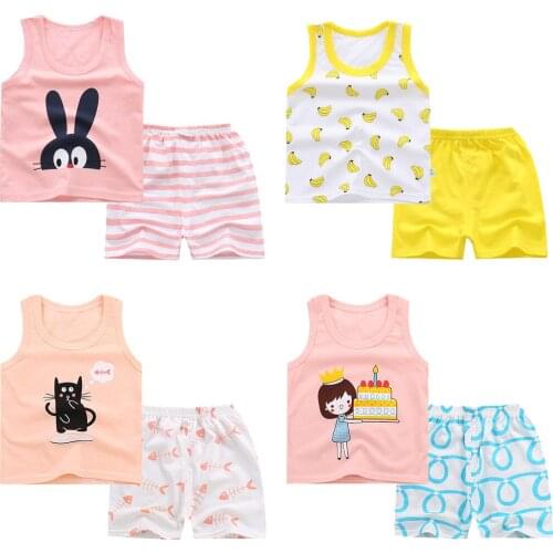 Clothes Baby Tracksuit Set Girls Outfits Toddler Baby Kids Girl Boys Sleeveless Cartoon Print Vest Tops Shorts Casual Set
