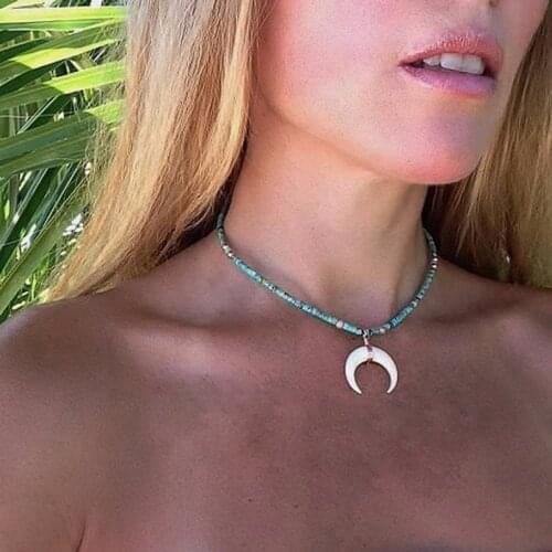 Boho Blue Rice Beads Inverted Crescent Choker Pendant Necklace Gold Silky Horn Necklace Jewelry for Women