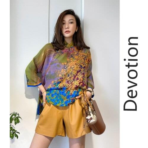 Shirt female design sense niche retro Chinese heavy silk blouse improved cheongsam Tang suit high-end temperament silk