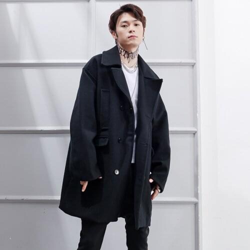 Wool Coat Men Youth Woolen Loose Solid Color Suit Collar Double-breasted Jacket Mid-length Autumn And Winter Clothing