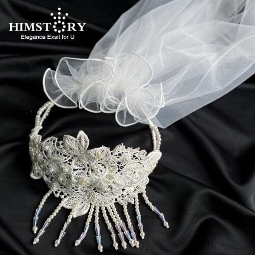 Himstory Handmade Lace Flower Wedding Veil Hair Accessories Romantic White Crystal Beads Headpiece Hairwear