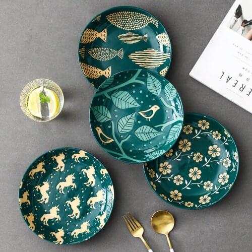 7 Inch Rice Plate Nordic Dinner Plate Dish Dark Green Deep Dish Household Ceramic Rice Dish Dish Plate Kitchen Tableware