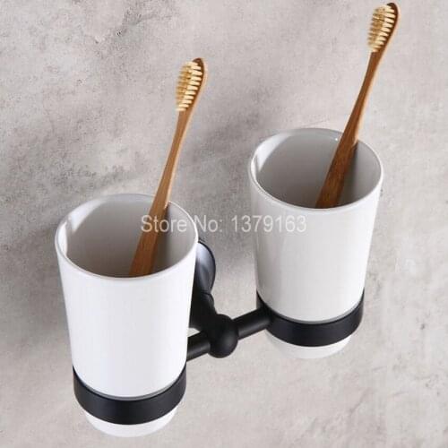 Dark Black Oil Rubbed Bronze Wall Mounted Double Tumbler Holder White Ceramics Toothbrush Cup Bathroom Accessory aba859