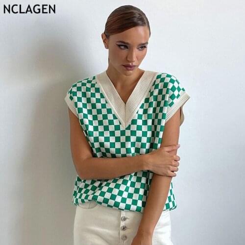 NCLAGEN Vintage Fashion Plaid Knitwear Vest Women V Neck Loose Casual Sweater Tanks 2021 Autumn Street Fashion Aesthetic Top