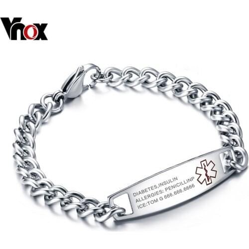 Vnox Free Custom Engrave Medical Identification Bracelet Bangle Stainless Steel Customization Jewelry