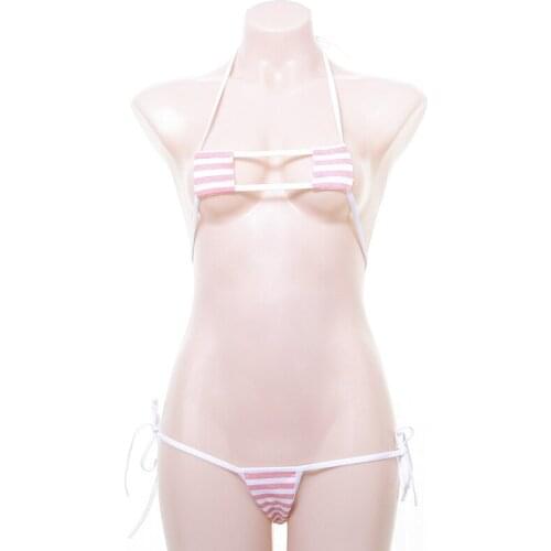 Japanese Women Kawaii Striped Mini Square Cup Thong Strappy Micro Bikini Set Sex Suit Cosplay Sexy Lingerie Costumes Open Bra