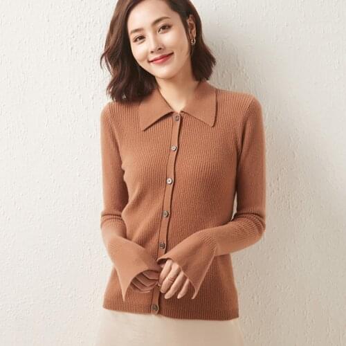 Women Jackets 100% Wool Knitting Cardigans 2021 Spring New Fashion Shirt Collar Long Sleeve Sweaters Ladies Woolen Jumpers