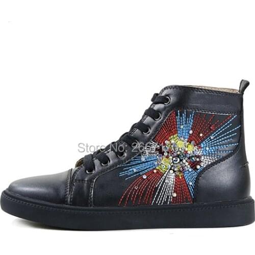 EU38-47 Plus Size Black Leather Men Shoes Casual Luxury Embroidery Rhinestone High Top Sneakers Lace Up Mens Flat Ankle Boots