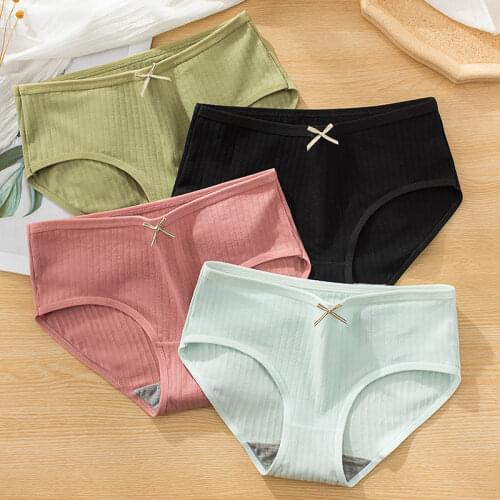 Ladies Sexy Cotton Panties Girly Mid-waist Seamless Panties Comfortable Lingerie Lace Trim Sexy Briefs Panties Solid Cotton