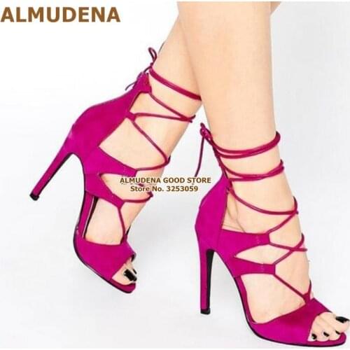 ALMUDENA Women Suede Strappy Cross-Tied Thin Heel Sandals Open Toe Lace-up Caged Shoes Wedding Pumps Red Pink Grey Stiletto Heel