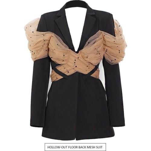 Casual Patchwork Dot Mesh Blazer For Women Notched Long Sleeve Backless Blazers Female Fashion New Clothing 2021 Feature Blazer