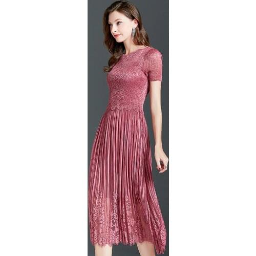 Summer new vintage Lace Chiffon Long dress Casual Mesh Pleated dress female Solid color Short sleeve O-Neck Long dress women
