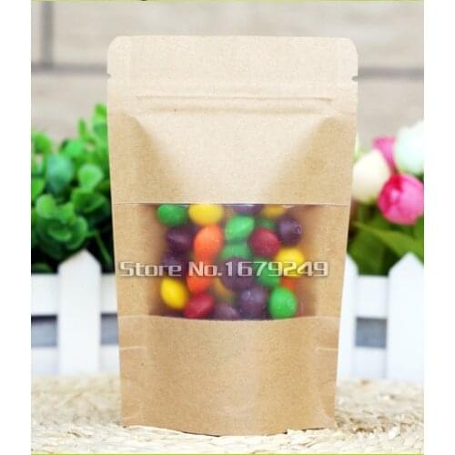10*15+3cm Bottom *140mic High Quality Food Kraft Paper Bags With Window Stand Up With Zipper Bags Free Shipping 100pcs/lot