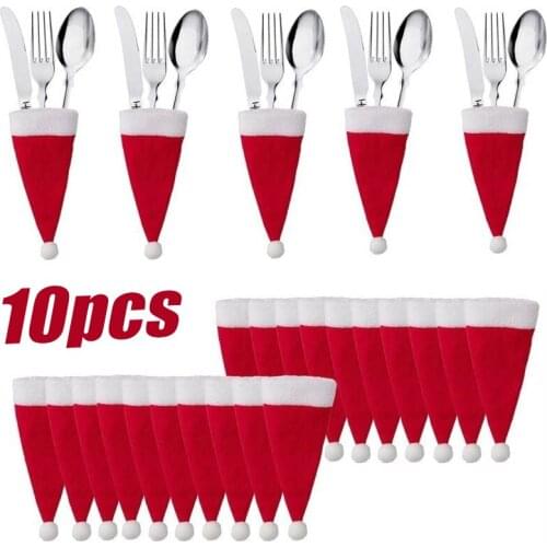 10pcs Tableware Holder Bag Christmas Hat Christmas Christmas Decorations Home Decoration Accessories Kitchen Tableware Hold