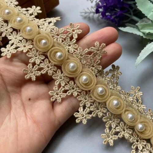 2 Yards Soluble Gold Tassel 3D Pearl Floral Embroidered Lace Trim Applique Fabric Ribbon Sewing Craft For Wedding Costume Hat