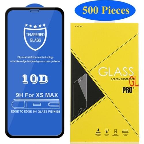 500pcs 10D Tempered Glass For iPhone 12 Mini 11 Pro Max XS XR X 8 7 6 Plus SE Full Cover Curved Screen Protector With Yellow Box