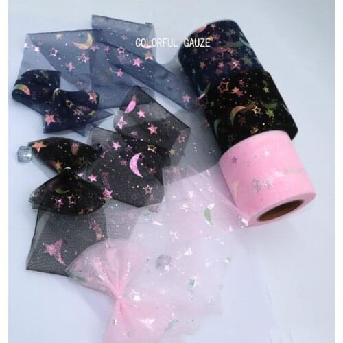 6cm*25y Hot Stamping Moon Stars Tulle Fabric Rolls Fluffy Rolls Wedding Decoration DIY Crafts Birthday Christmas Decor Mesh