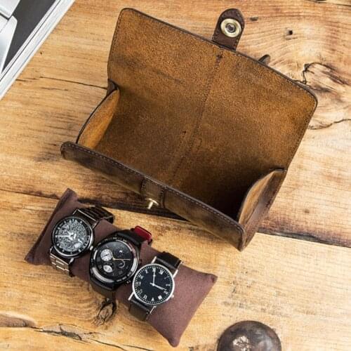 3 Slots Genuine Leather Watch Roll Travel Case Vintage Horse Leather Watch Boxes T4MD