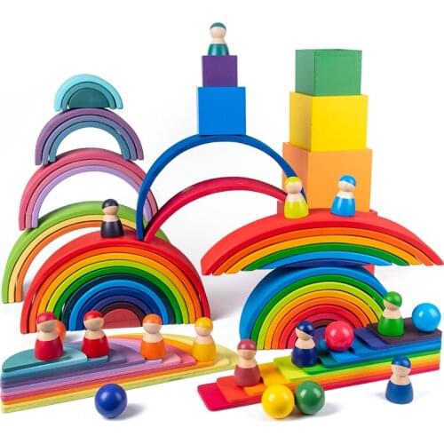 11Pcs Semicircle Rainbow Blocks Wooden Toys For Kids Matching With 12Pcs Large Rainbow Blocks Building Storage Cabinets Gift