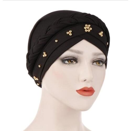 Women Braided Muslim Head Wrap Solid Chemo Turban Ladies Bandanas With Beading Head Scarf Cap Hair Accessories Muslim Turban