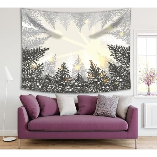 Tapestry Winter Pine Trees Forest Snowflakes Sun Rays Illustration Monochrome Modern Nature Themed Artwork