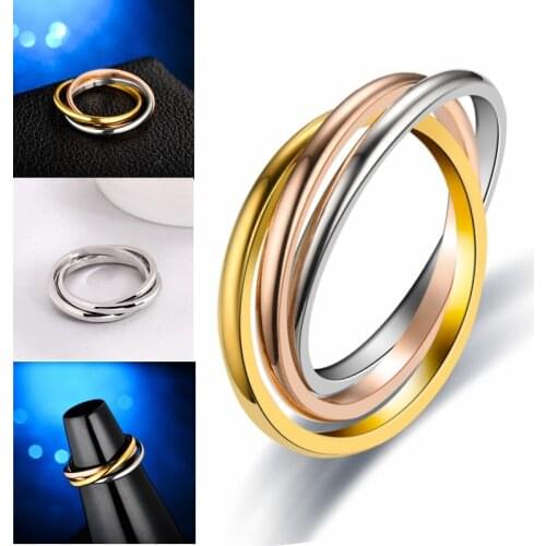 Top Quality Fashion Smooth 3 Circles Ring Stainless Steel Tricyclic Tricolor Knuckle Rings for Women Teen Girls Size 6-13 Rings