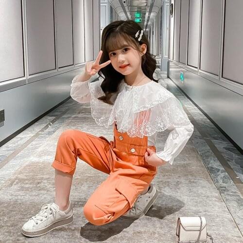 Clothes For Girls Lace Shirt & Jumpsuit Suit For Girls Flare Sleeve Girls Clothes Set Autumn Casual Suit For Girls New Year