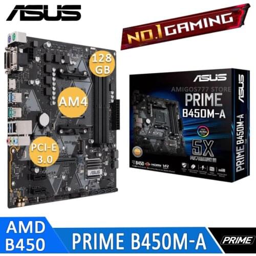 Socket AM4 Asus PRIME B450M-A Motherboard DDR4 128GB PCI-E 3.0 M.2 SSD AMD Ryzen VGA DVI HIFI AMD B450 Placa-Mãe AM4 HiFi New