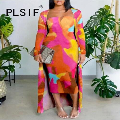 New Arrive Women Set Print Sexy Full Sleeve 2 Pieces Cardigan+Dress Sexy Party Club Tracksuits Matching Set