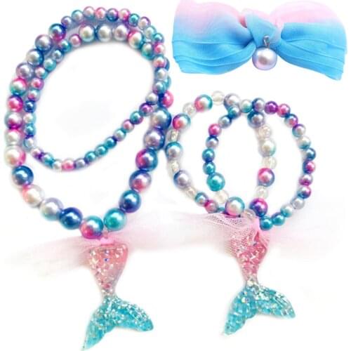 New Kids Girls Beaded Necklace Bracelet Fish Tail Snowflake Pendant Chiffon Mesh Hair Clip Party Halloween Cosplay Accessories