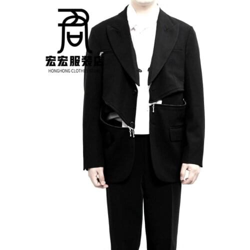 Original design of mens suit multiple zipper stitching can open dark mens coat High-quality customized clothing [large size]