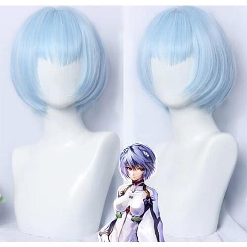Anime EVA Ayanami Rei Short Light Blue Hair Heat Resistant Wig Cosplay Headwear Haripins + a wig cap Halloween party wigs