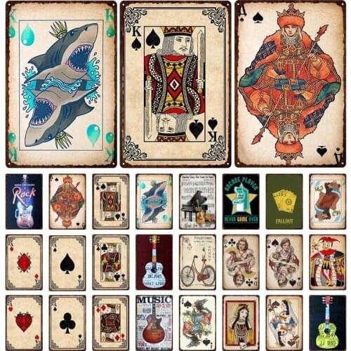 Poker Guitar Poster Vintage Metal Tin Signs Plaque Bar Club Pub Home Casino Decoration Playing Cards Retro Wall Art Plate