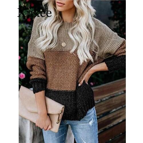 Casual Knitted Color Block Sweater Women Jumper 2020 Autumn Loose Colorful Striped Sweaters Pullovers Winter Fluffy Sweater