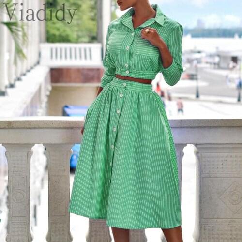 Striped Print Button Detail Long Sleeve Shirt And A-Line Skirt Sets