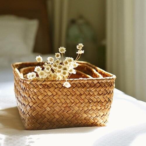 Handmade Straw Dried Flower Fruit Pot Basket Rattan Box Candy Earphone Organizer