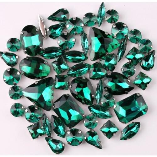 Silver claw setting 50pcs/bag shapes mix Emerald glass crystal sew on rhinestone wedding dress shoes bag diy trim