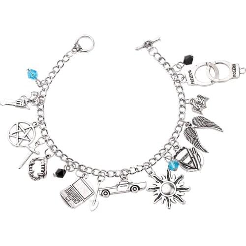 Vintage Supernatural Inspired Bracelet Handcuff Star Handcuff Car Charm Lobster Clasp Bracelets Bangles Women Men Jewelry Gifts