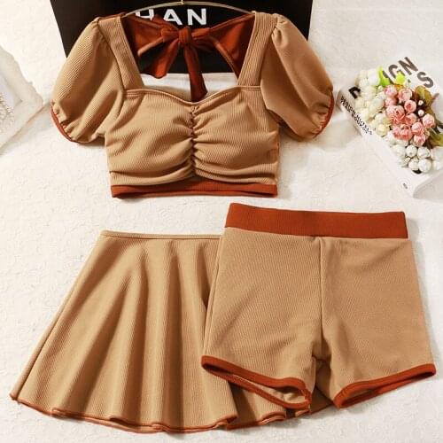 Women Short Sleeve Bikini Set Three Pieces Bathing Suit Summer Sexy Female Swimming Beachwear Swimsuit Push Up Swim Biquinis