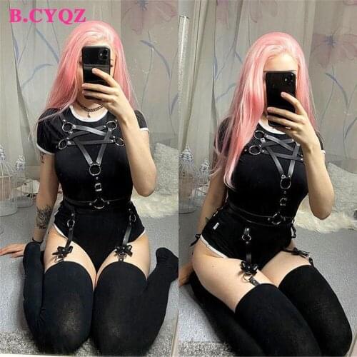 B.CYQZ Punk Pentagram Suspenders Strap Leather Harness Woman Top Leg Bowknot Belt Gothic Garters Sexy Lingerie Accessories Rave