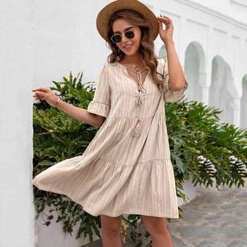 Fashion Casual Swing Cake Women Dresses Vintage Bohemain Beach Midi Dresses Loose Flowy Shift Dresses Sweet Girls Daily Wear