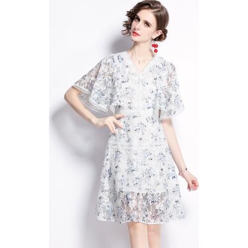 2021 New Women Dresses Office Lady A-LINE Lace Mid-Calf Women Elegant Party Dresses V-Neck Vintage Short Women Summer Dresses