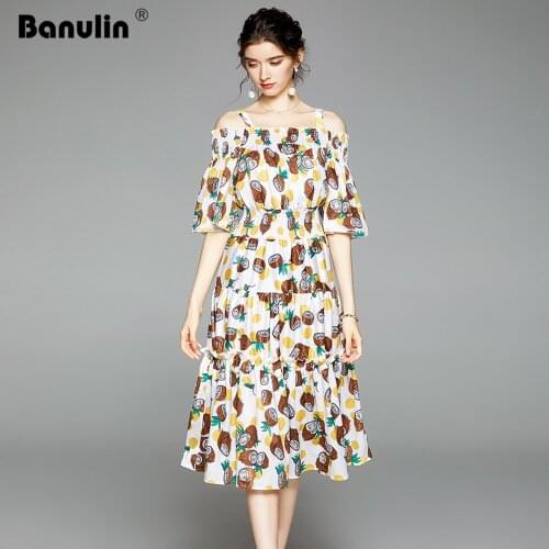 2020 New Summer Dress for Women Cold Off Shoulder Slash Neck Coconut Fruit Print Elastic Waist Ruffles Big Swing Holiday Dress